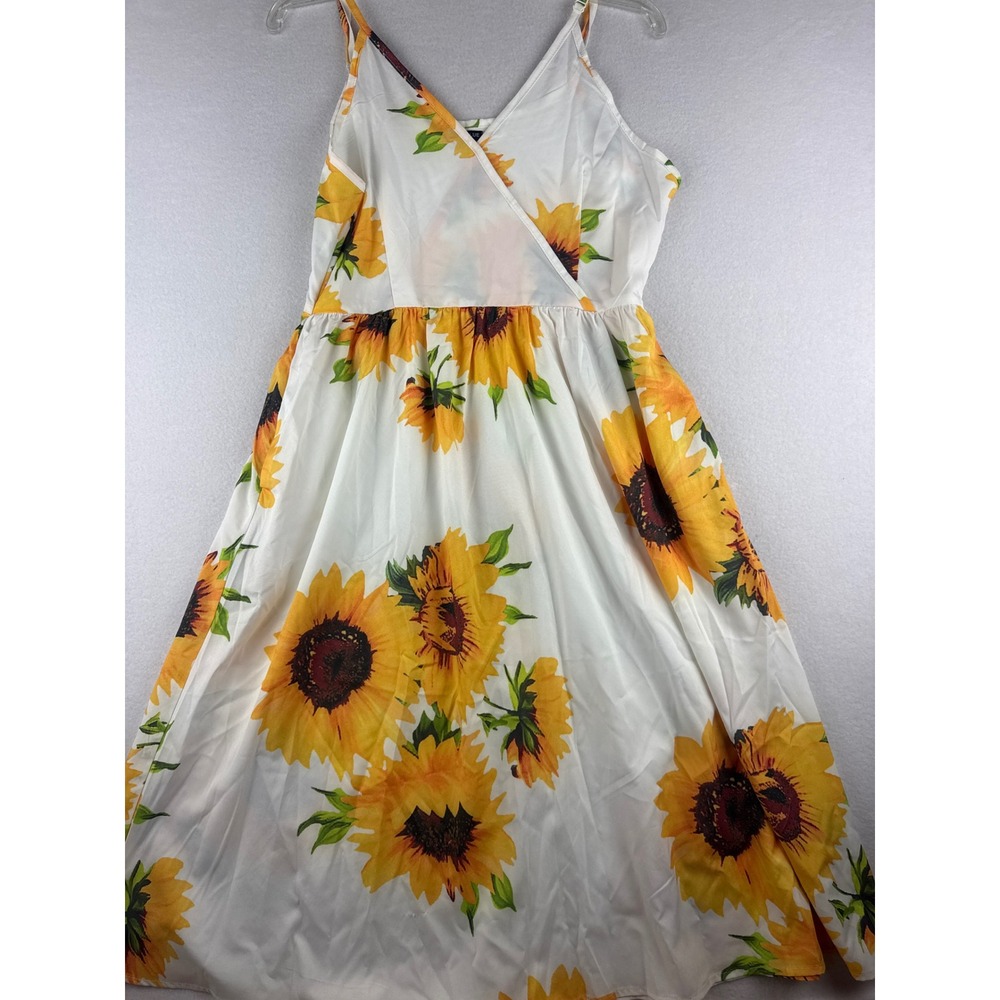 Farvalue Womens Sunflower Print Maxi Dress White Yellow V-Neck Size M Sleeveless